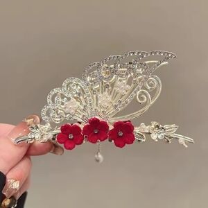 Brand New Gold Tone Red Flower  Butterfly Rhinestone Pearl Hair Claw Clip